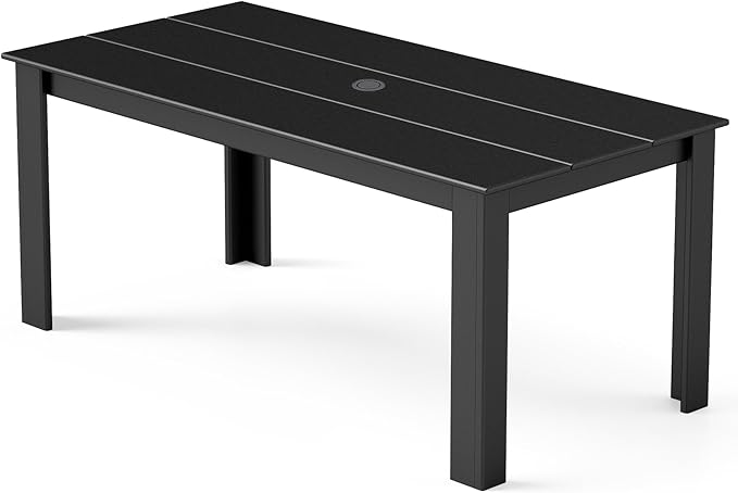 GREENVINES Outdoor Dining Table | 67’’ | HDPE | Rectangle Tables for 6 | All-Weather | Umbrella Hole | Patio Furniture | for Poolside Backyard Garden | Black