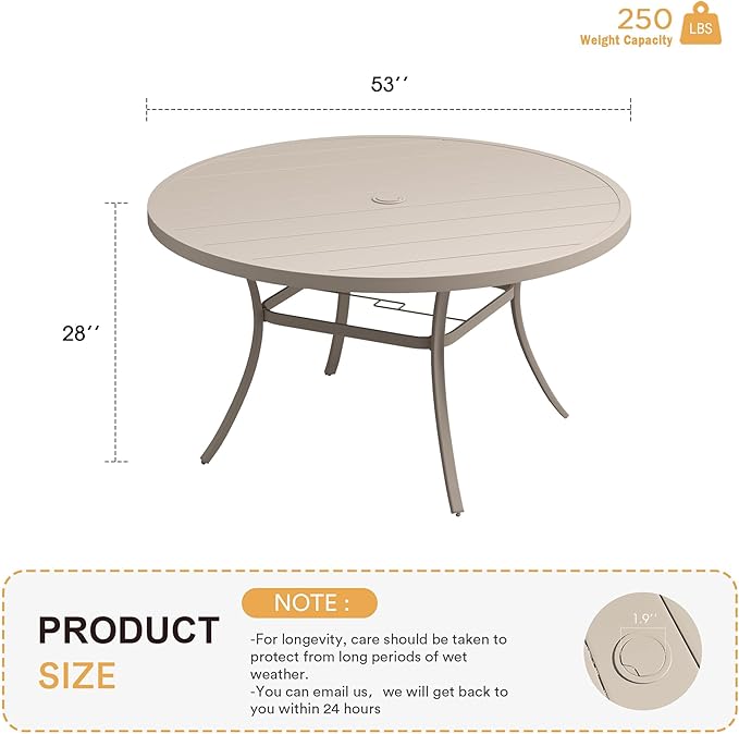 VICLLAX 53" Outdoor Round Patio Table for Lawn Garden, All Weather Metal Round Patio Dining Table with Adjustable Umbrella Hole, Patio Table for 8 Person, Sandshell Tabletop