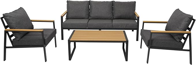 Patio Furniture Set, 4 Pieces Outdoor Furniture Patio Conversation Set with High Back, Faux-Wood Armrest and Tabletop, Outdoor Couch Patio Sofa Set for Balcony, Porch, Backyard, Grey