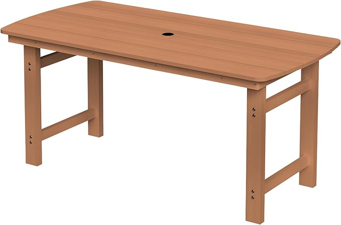 Outdoor Rectangle Dining Table, Heavy-Duty HDPE Table for 6, Weatherproof Patio Table with Umbrella Hole, Rounded Corners for Safety, Teak