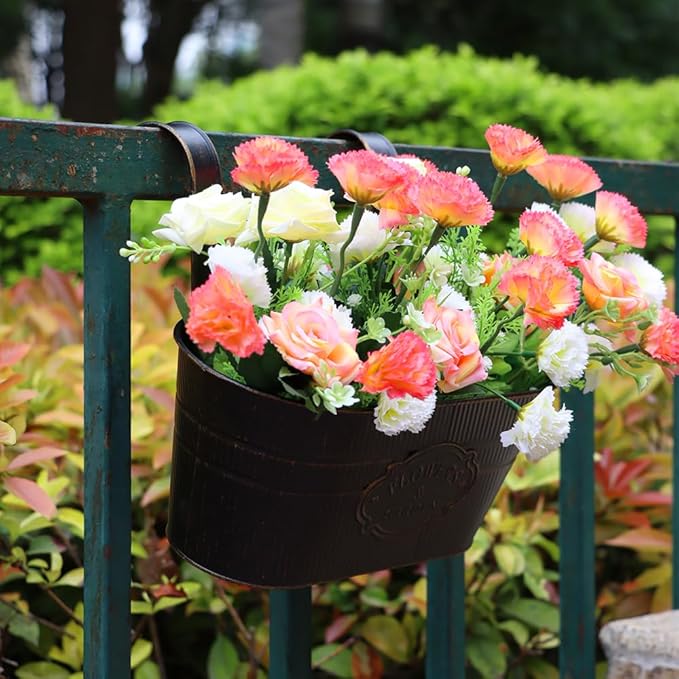 3 Pack Metal Railing Planters, 10.5" Oval Hanging Flower Pots with Detachable Hooks & Drainage Holes, Fits Rails up to 2.36", Galvanized Iron Fence Bucket for Balcony Garden Patio - Letter Black