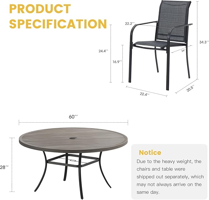 VICLLAX Large Patio Dining Furniture Set, Outdoor Dining Set for 10-60" Round Outdoor Table and Patio Stackable Chairs, Grey Wood-Like Tabletop and Dark Grey Fabric