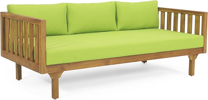 Merax Outdoor 3 Seater Daybed, Acacia Wood Day Bed Couch Sofa with Cushions for Patio Backyard, Garden, Green