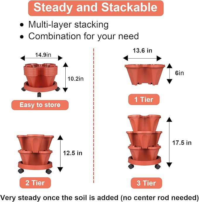 GameXcel Vertical Planter 3 Tier Stackable Planters Garden Planters Strawberry Herb Flower and Vegetable Planter Indoor Outdoor Gardening Pots with Removable Wheels and Tools 2-Pack