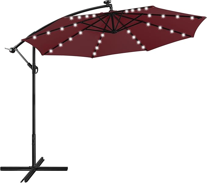 Yaheetech 10FT Solar Offset Umbrella with 32 LED Lights Cantilever Hanging Outdoor Umbrellas Handy Crank & Cross Base for Lawn/Deck/Backyard/Pool Burgundy
