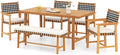 Tangkula 6 Piece Patio Dining Set for 5-6 People, 63” Outdoor Acacia Wood Table with 1.97” Umbrella Hole & Bench & 4 Cushioned Armchairs, for Deck Yard and Poolside