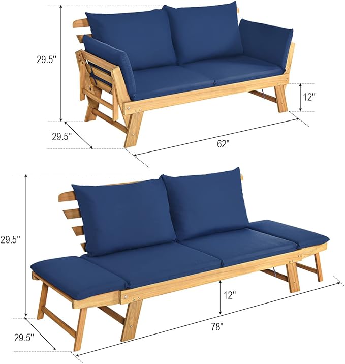 Tangkula Acacia Wood Patio Convertible Couch Sofa Bed with Adjustable Armrest, Outdoor Daybed with Cushion & Pillow, Turquoise & Navy Cushion Cover Sets, Folding Chaise Lounge Bench Ideal for Porch