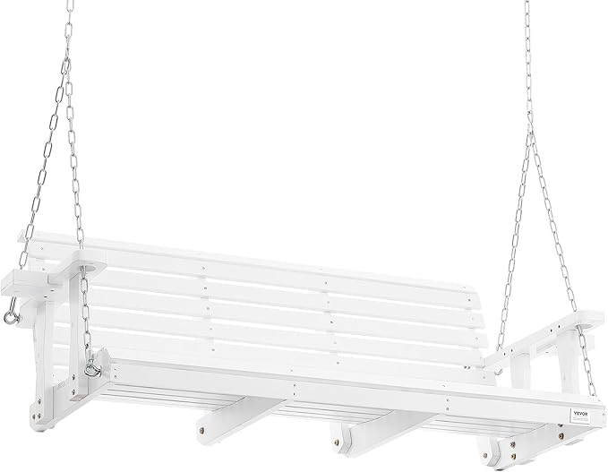VEVOR Wooden Porch Swing 5.5FT with 2 Side Cup Holders, Heavy Duty 880lbs Patio Swing, Outdoor Swing Hanging Chair, Bench Swing with Adjustable Chains for Front Porch, Yard, Balcony, Garden, White