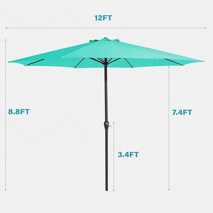 MEWAY 12ft Patio Umbrella Outdoor Table Umbrellas with Crank, Market Umbrella 8 Sturdy Ribs for Deck, Garden, Pool and Backyard, Turquoise