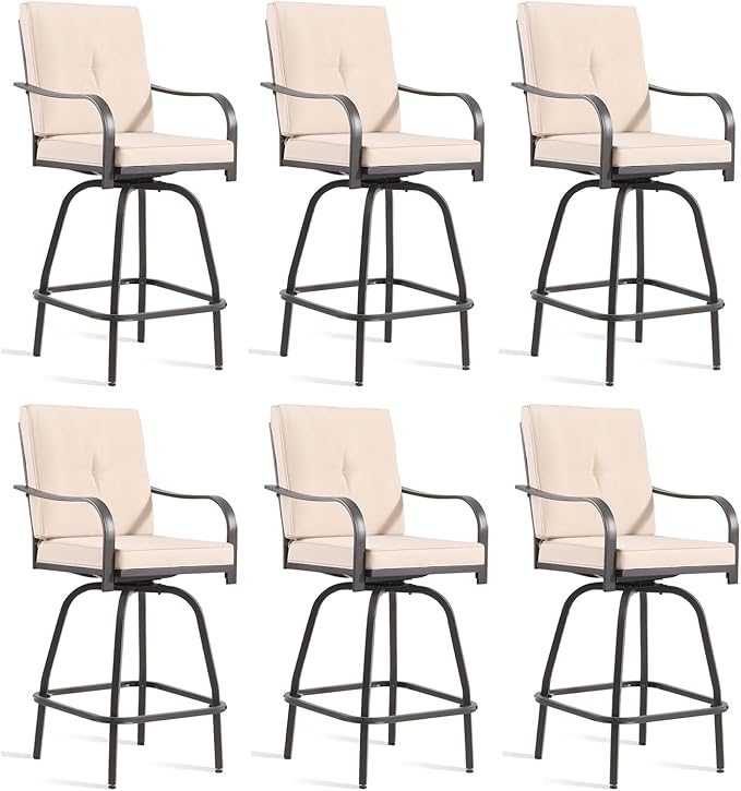 Patio Swivel Bar Stools Set of 6, Outdoor Bar Height Swivel Chairs with Cushions for Garden Balcony Backyard, Beige