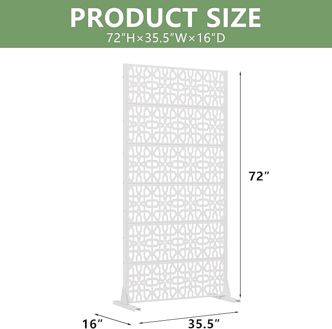 Casaphoria Metal Privacy Screen Outdoor, 72" H x 35" W Freestanding Decorative Privacy Screen for Patio Deck Balcony Garden with Stable Base, White-Perilla