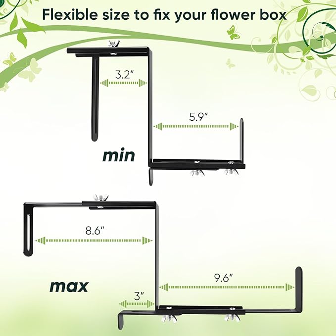 Planter Box Brackets, Adjustable Window Box Brackets for Deck Railing, No Drill Flower Box Bracket for Outdoor Planters-2 Pack