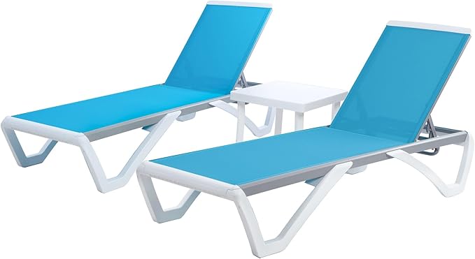 Kozyard Outdoor Chaise Lounge Chair, Full Flat Adjustable Patio Lounger with Aluminum Frame & Resin Legs, Textilene Fabric for Poolside, Backyard & Beach (Aqua/WhiteFrame, 2Chairs + Table)