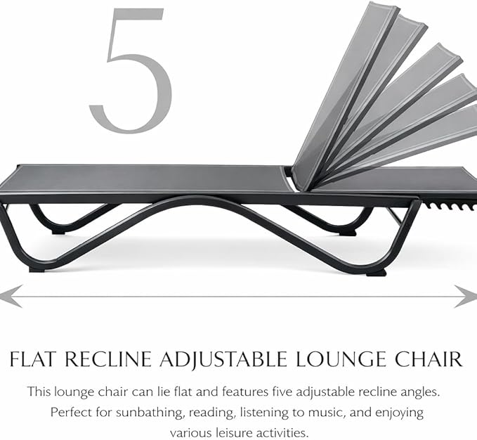 Kozyard Outdoor Chaise Lounge Chair, Full Flat Adjustable Patio Lounger with Aluminum Frame & Resin Legs, Textilene Fabric for Poolside, Backyard & Beach (Gray, 2Chairs)