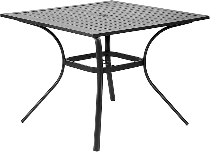 VEVOR Outdoor Patio Dining Table, 37 inch Square Metal Steel Slat Backyard Bistro Tables, with 1.5 in Umbrella Hole, Outside All-Weather Large Furniture for Lawn Garden Porch, Black