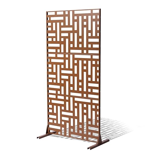 VEVOR Metal Privacy Screen, 47" W x 76" H, Outdoor Privacy Screens 3-Panel, Freestanding Outdoor Divider with Stand, Decorative Garden Steel Privacy Fence for Balcony Patio Indoor Room Hot Tub Brown