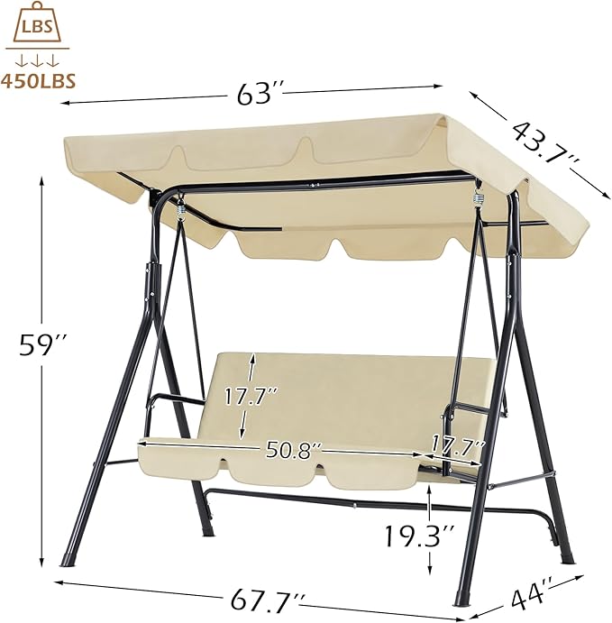 AECOJOY Porch Swing with Stand, 3-Seat Outdoor Clearance Porch Swings for Adults, Outdoor Patio Swing with Adjustable Canopy & Removable Cushion for Backyard, Garden, Balcony, Beige
