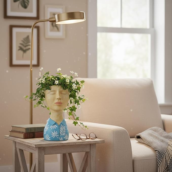DiliComing Face Planter Pot Head Planter - Resin Blue Boy Head Planters for Indoor Outdoor Plants Decorative Flower Pot for Garden Home Office Bust Sculpture Plant Stand 5x6x10.5 Inch