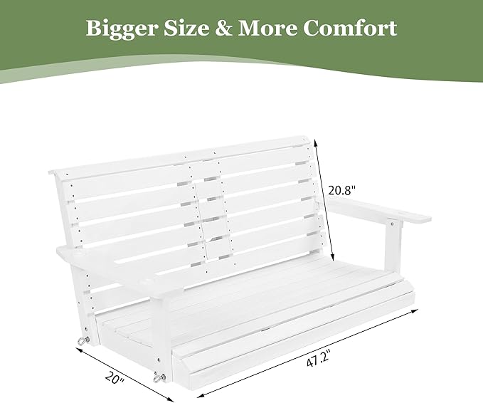 Poly Lumber 2-Seat Porch Swing, HIPS 4.5-Feet Bench Swing with Foldable Cup Holders,18/8 Stainless Steel Hardware, High Backrest and Deep Contoured Seat (Snow White, 4.5-feet)