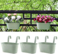 3 Pack Metal Railing Planters, 10.5" Oval Hanging Flower Pots with Detachable Hooks & Drainage Holes, Fits Rails up to 2.36", Galvanized Iron Fence Bucket for Balcony Garden Patio - Blue