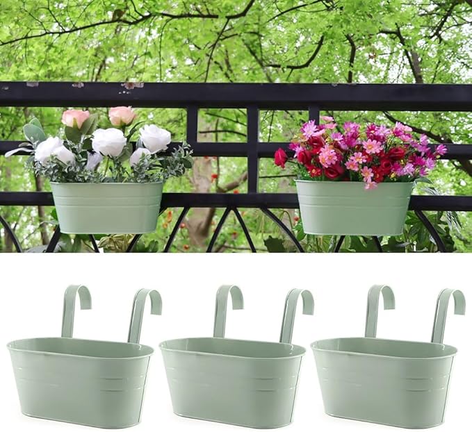 3 Pack Metal Railing Planters, 10.5" Oval Hanging Flower Pots with Detachable Hooks & Drainage Holes, Fits Rails up to 2.36", Galvanized Iron Fence Bucket for Balcony Garden Patio - Blue