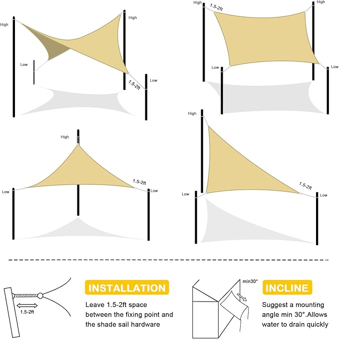 Artpuch Waterproof Sun Shade Sail, 14'x14' Sand Rectangular, UV Resistant Rain Canopy, Curved Edges Shade Cloth for Outdoor Patio, Deck, Yard (Customizable)
