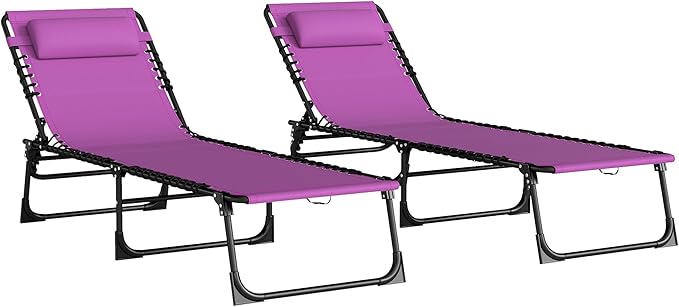 Outsunny Folding Chaise Lounge Chair Set of 2, Patio Sun Tanning Chair, Outdoor Chaise Lounger with 4-Position Reclining Back, Breathable Mesh Seat for Beach, Poolside, Yard, Purple