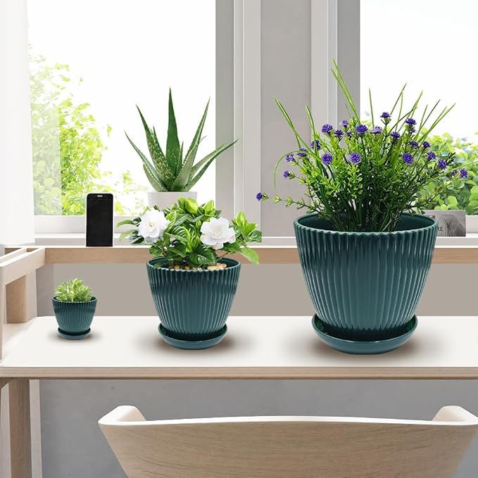7.5/6.5/5.5/4.9/4.2/3.5 Inch Plant Pots with Saucers & Drain Holes - Indoor/Outdoor Flower Pots for Succulents, Herbs, Cactus - Modern Lightweight Durable Planter Set, Dark Green