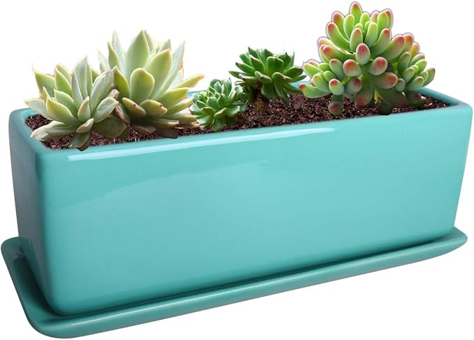 Vencer 12 Inch Rectangular Modern Minimalist Ceramic Succulent Planter Pot - Window Box with Saucer,Office Desktop Potted Stand,Turquoise,VF-0135T