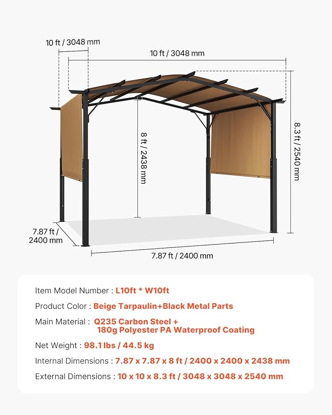 VEVOR 10 x 10 ft Outdoor Pergola, Arched Top Metal Pergola, Retractable Pergola with Sun Shade Canopy, Large Patio Shelter Pavilion, Heavy Duty Garden Pergola for Deck Backyard Porch Poolside