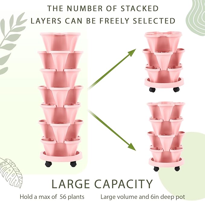 Umigy 2 Set of 7 Tier Vertical Planter Stackable Tower Planters Strawberry Herb Flower and Vegetable Pots Indoor Outdoor Gardening Pots with Removable Wheels and Tools(Pink)