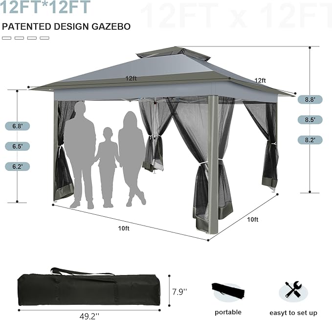 COBIZI 12x12 FT Pop up Gazebo on Clearance Outdoor pop up Canopy Tent,carpas para Patio, Shelter Tents with Sandbags & Portable Carry Bag, Patio Gazebos for Camping, Garden & Lawn, Darkgrey(Upgraded)