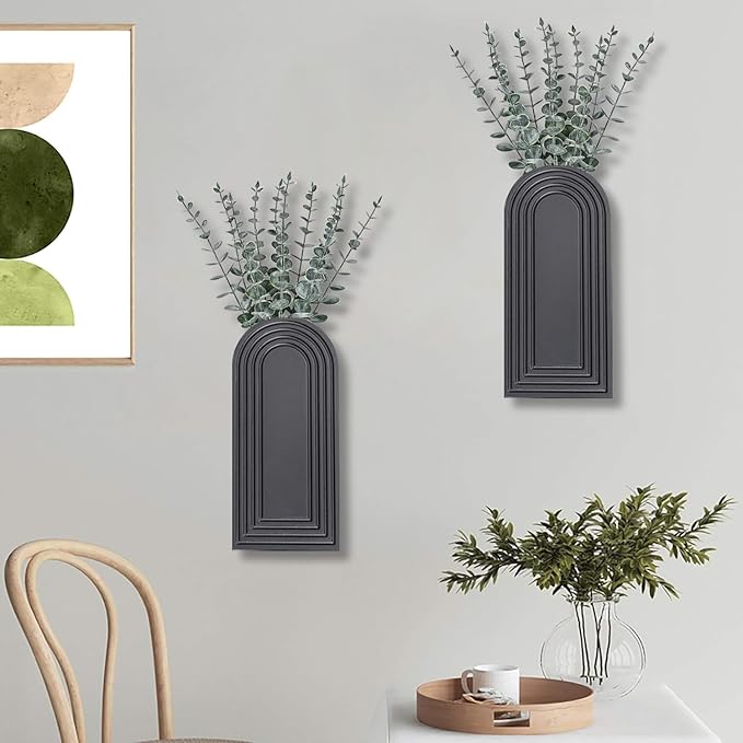 2 Pack Wooden Wall Vase Set - Black Finish Modern Farmhouse & Boho Wall Decor for Entryway, Hallway, Bathroom, Living Room, Dining Room, Narrow Spaces