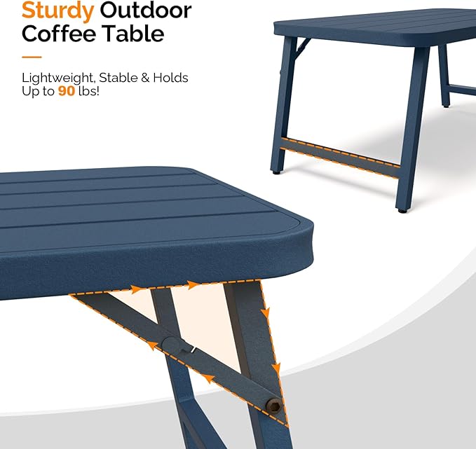 VINGLI Outdoor Folding Coffee Table, Rectangle Drainable Iron Patio Table for Balcony, Porch, and Living Room, Blue