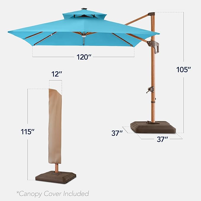 Best Choice Products 10ft Square Cantilever Patio Umbrella w/Base Included, Woodgrain Pattern Pole & Solar LED Lights, 360-Rotation, Offset Hanging Outdoor Shade - Sky Blue