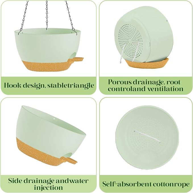 2 Pack 10 Inch Self Watering Hanging Planters for Indoor Plants, Large Green Brown Plastic Hanging Pots with Chains for Outdoor Patio Garden Home Decor (Green Brown)