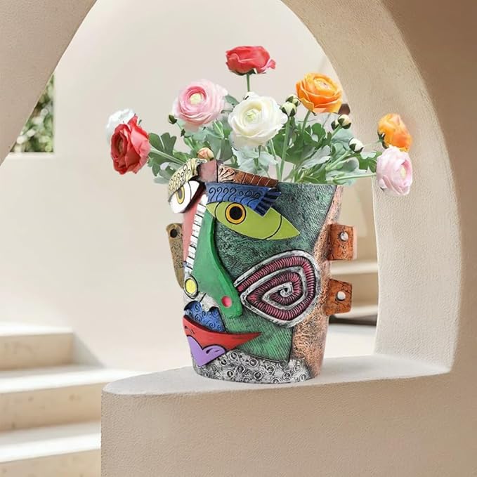 Picasso Abstract Face Flower Pot,Unique Resin Crafted Planter with Drainage Holes,Interesting Colorful Planter with Human face,for Indoor and Outdoor Botanical Home décor (Frown)