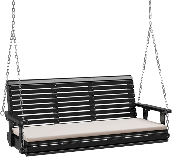 VINGLI Heavy Duty 880 LBS Patio Wooden Porch Swing Outdoor with Extra Cushion, Farmhouse Hanging Bench Tree Swing with Adjustable Chains for Yard | Garden | Lawn | Balcony (5 FT, Black)