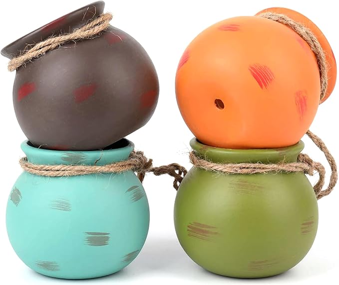 Yesland Ceramic Hanging Mini Flower Planters, Wall or Ceiling Mount - Dangling Container in Earth Tone Colored for Indoor Outdoor Decor - Set of 4