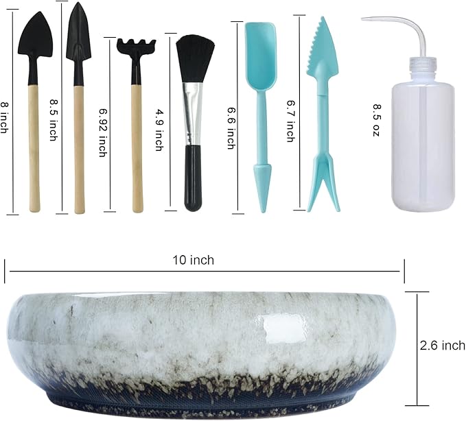 ARTKETTY Succulent Pots with Drainage - Large Succulent Planters with 2.2lb Mix Horticultural Lava Rock Pebbles, Planting Tools Set for Beginner- Shallow Bonsai Pot Ceramic Cactus Flower Plant Pot