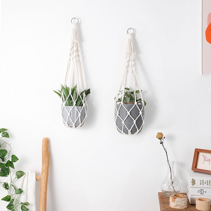 Artilady Macrame Plant Hanger Large Hanging Planter for Indoor Plants Holder White Cotton Rope Hanging Plant Basket Handmade Outdoor Window Boho Plant Wall Decor (White Macrame-2pcs)