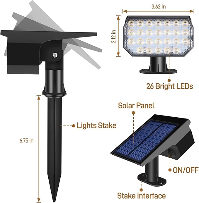 Solar Lights Outdoor Waterproof IP65, 7 Lighting Modes Color Changing 26 LED Solar Spot Lights Outdoor for Yard Garden Pathway Christmas Decor (Warm White, 2 Pack)