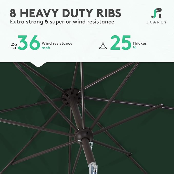 JEAREY 9FT Outdoor Patio Umbrella Outdoor Table Umbrella with Push Button Tilt and Crank, Market Umbrella 8 Sturdy Ribs UV Protection Waterproof for Garden, Deck, Backyard, Pool (Dark Green)