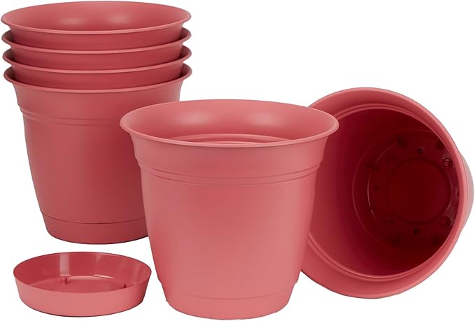 The HC Companies 8 Inch Eclipse Round Planter Pots with Drainage Holes & Attached Saucer, Lightweight UV-Resistant Plastic Indoor & Outdoor Planters, 6-Pack Flower Pots for Garden & Home Decor, Rose