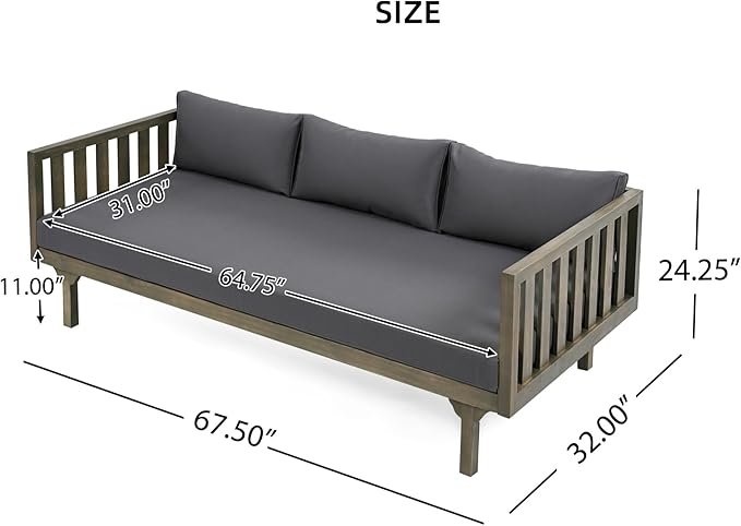 Merax Outdoor 3 Seater Daybed, Acacia Wood Day Bed Couch Sofa with Cushions for Patio Backyard, Garden, Dark Grey