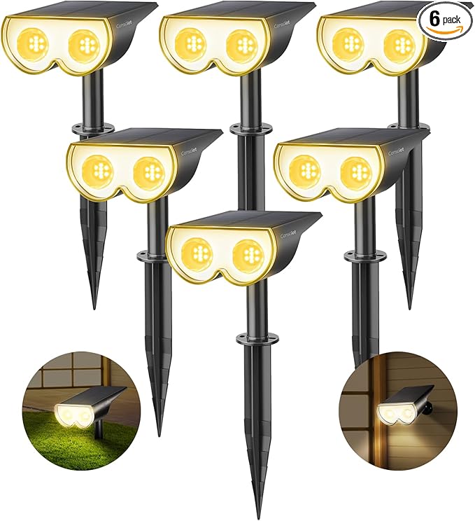 Consciot Solar Spot Lights Outdoor, 16 LEDs IP67 Waterproof, Auto On/Off Solar Landscape Spotlights, 2-in-1 Adjustable Wall Lights for Garden Yard Pathway, 6 Pack (Warm White)