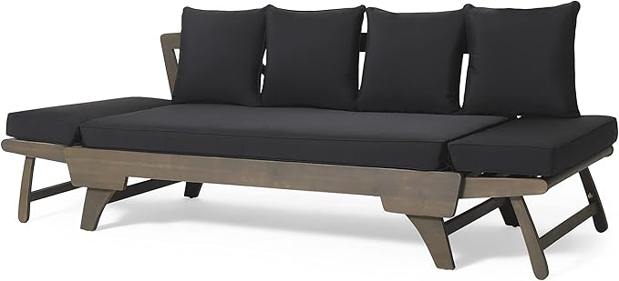 Merax Outdoor Patio Daybed Sofa,3-Seat Sofa with Foldable Arm 4 Back Pillows,Teak Acacia Wood Frame Beige Removable Cushion,Grey+Black