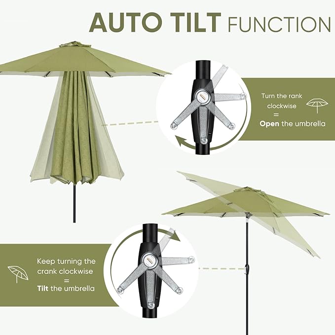 Tempera Patio Market Outdoor Table Umbrella with Auto Tilt and Crank, Large Sun Umbrella with Sturdy Pole & Fade Resistant Canopy, Easy to Set
