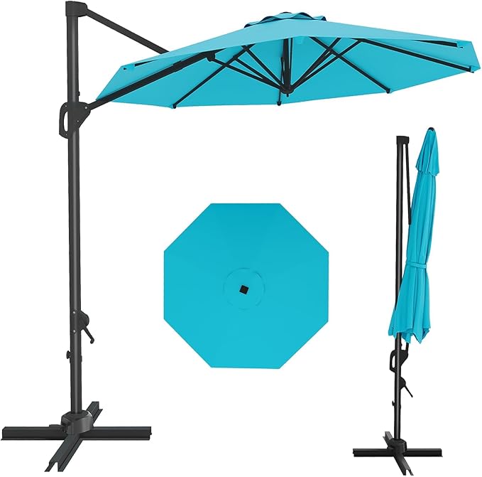GarveeLife 10 ft Patio Umbrella Outdoor Large Cantilever Umbrella w/Base Included Market Sun Shade Windproof Offset Umbrella with 360-Degree Rotation for Garden Deck Pool Patio, Turquoise Blue