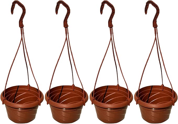 VIDELLY 4 Pieces Plastic Hanging Planters, 5.9 in Dia x 3.54 in H, Flower Plant Basket Pots Chain Holder Garden Decoration for Indoor and Outdoor Use, Red